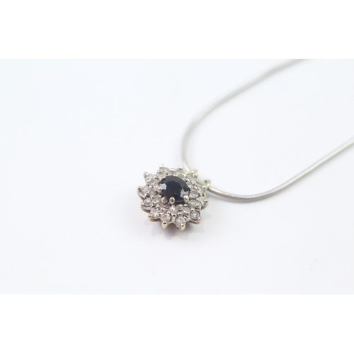 43 - 9ct White Gold Sapphire & Diamond Floral Cluster Pendant Necklace (4.7g)