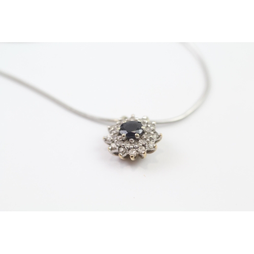 43 - 9ct White Gold Sapphire & Diamond Floral Cluster Pendant Necklace (4.7g)