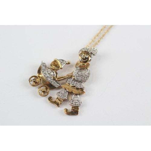 48 - 9ct Gold Diamond 'Mum & Baby In The Pram' Pendant Necklace (4.2g)