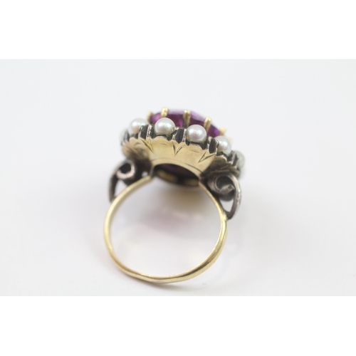 58 - 14ct Gold & Silver Synthetic Pink Sapphire & Cultured Pearl Oval Cluster Cocktail Ring (8.6g) Size  ... 