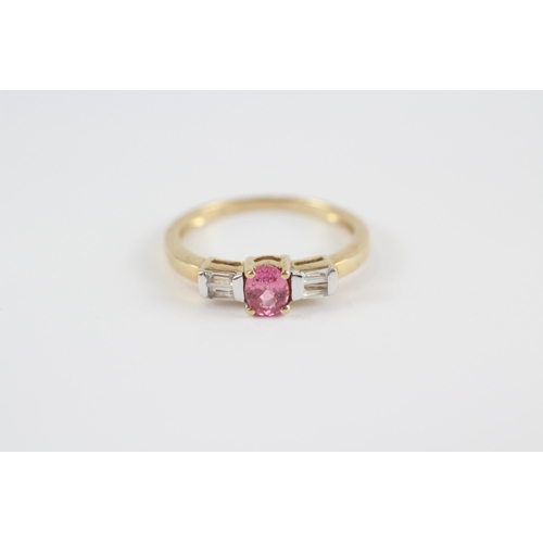 67 - 9ct Gold Pink & White Sapphire Three Stone Ring (1.9g) Size  O