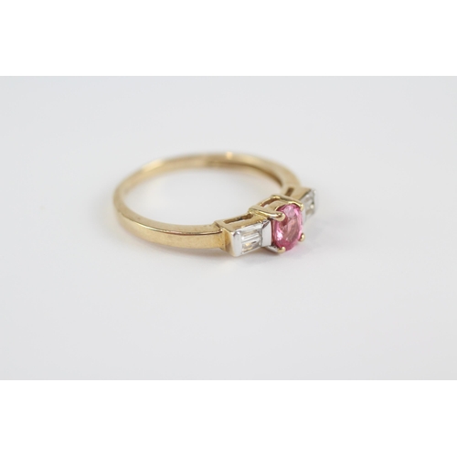 67 - 9ct Gold Pink & White Sapphire Three Stone Ring (1.9g) Size  O