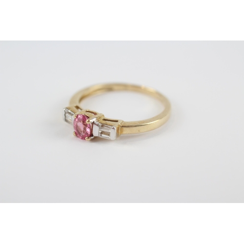 67 - 9ct Gold Pink & White Sapphire Three Stone Ring (1.9g) Size  O