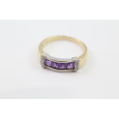 72 - 9ct Gold Amethyst Four Stone Ring With Diamond Sides (2.8g) Size  P