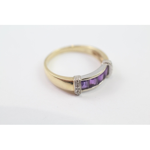 72 - 9ct Gold Amethyst Four Stone Ring With Diamond Sides (2.8g) Size  P