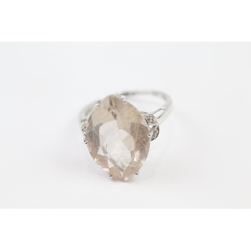 93 - 9ct White Gold Rutilated Quartz Single Stone Ring With Diamond Sides (4.6g) Size  S