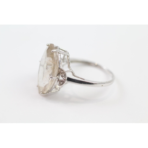 93 - 9ct White Gold Rutilated Quartz Single Stone Ring With Diamond Sides (4.6g) Size  S