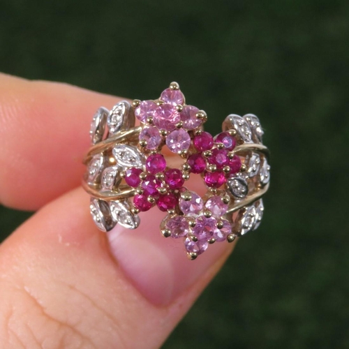 107 - 9ct Gold Diamond, Ruby & Pink Sapphire Floral Cluster Ring (4.2g) Size  K