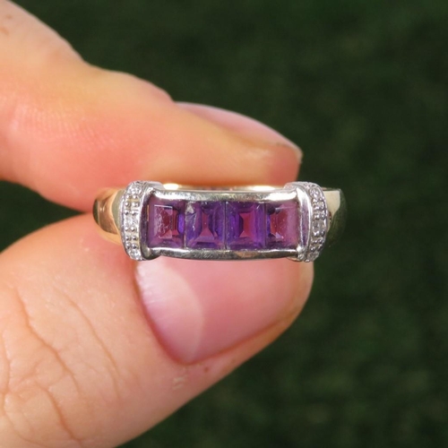 72 - 9ct Gold Amethyst Four Stone Ring With Diamond Sides (2.8g) Size  P