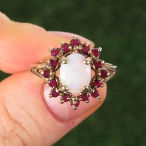 8 - 9ct Gold White Opal & Ruby Cluster Ring (3.3g) Size  O