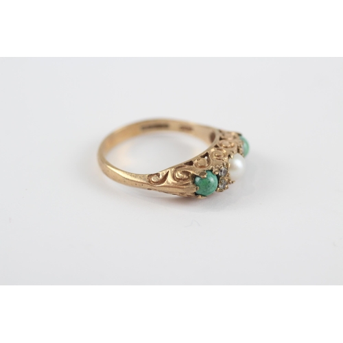 111 - 9ct Gold Antique Turquoise, Culture Pearl, And Diamond Set Gypsy Ring (3g) Size  O