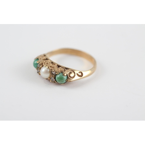 111 - 9ct Gold Antique Turquoise, Culture Pearl, And Diamond Set Gypsy Ring (3g) Size  O