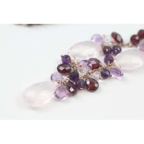 150 - 9ct Gold Clasped Garnet, Amethyst & Rose Quartz Necklace (23.8g)