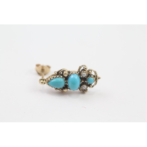 17 - 9ct Gold Vintage Turquoise And Pearl Set Stud Earrings (3g)