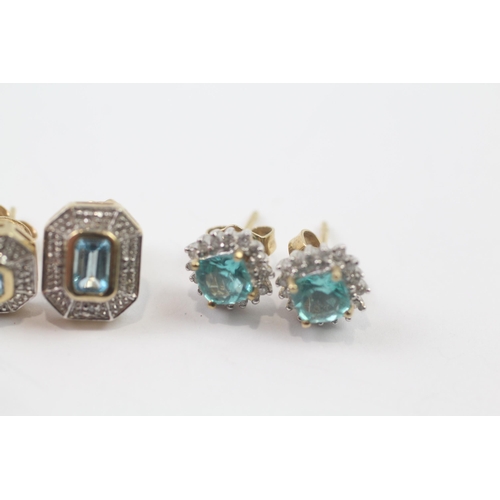 201 - 2 x 9ct gold paired earrings inc. topaz & apatite (4.3g)