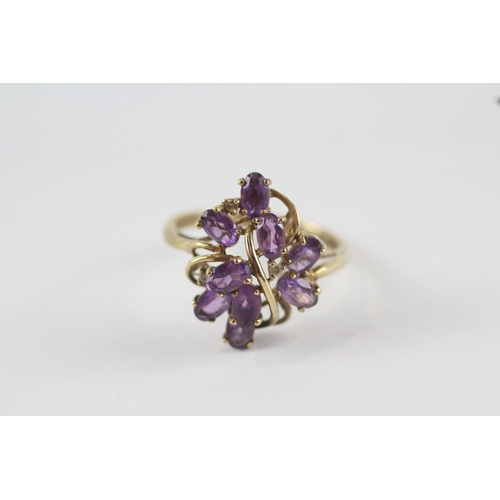 203 - 9ct gold amethyst & diamond floral dress ring (3.1g) Size  S