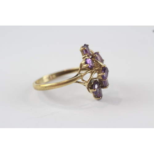 203 - 9ct gold amethyst & diamond floral dress ring (3.1g) Size  S