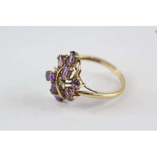 203 - 9ct gold amethyst & diamond floral dress ring (3.1g) Size  S