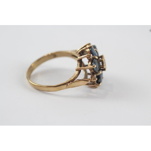 204 - 9ct gold vintage diamond & teal sapphire floral dress ring (3.8g) Size  O