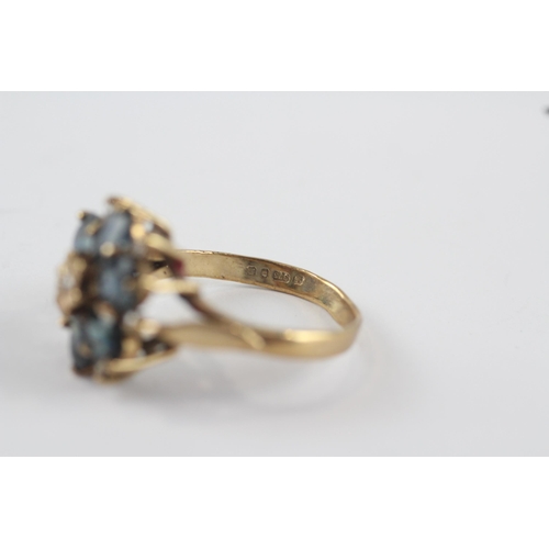 204 - 9ct gold vintage diamond & teal sapphire floral dress ring (3.8g) Size  O