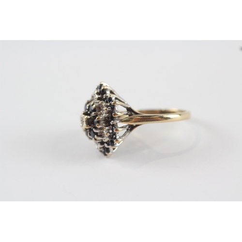 205 - 9ct gold vintage diamond & sapphire cluster ring (5.9g) Size  P