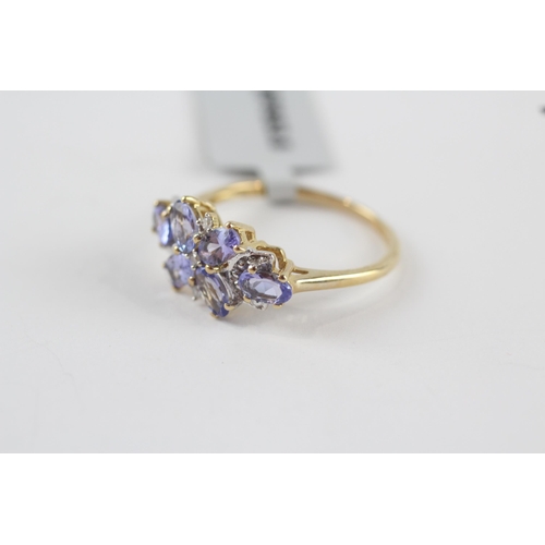 206 - 9ct gold tanzanite & diamond floral dress ring (2.4g) Size  P 1/2