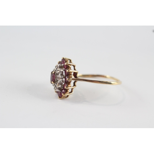 214 - 9ct gold ruby & diamond marquise cluster ring (2.3g) Size  R