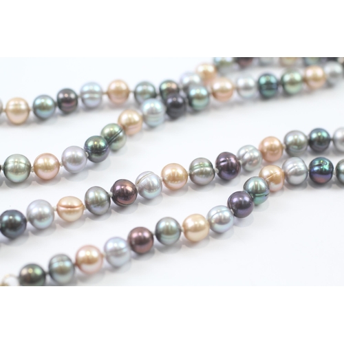 249 - 10kt gold vintage multi-hue cultured pearl rope necklace (73.6g)