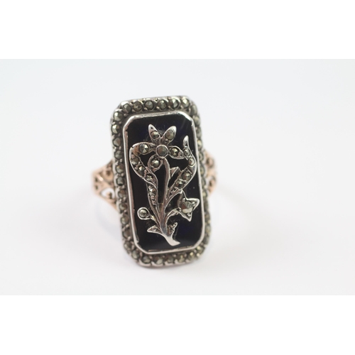 255 - 18ct gold and sterling silver Edwardian marcasite and blue enamel set floral panel ring (5.2g) Size ... 