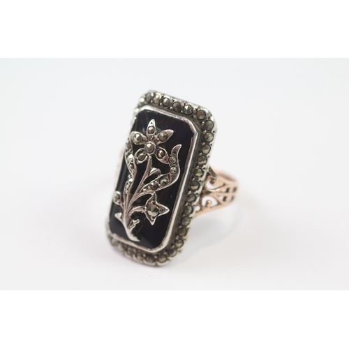 255 - 18ct gold and sterling silver Edwardian marcasite and blue enamel set floral panel ring (5.2g) Size ... 