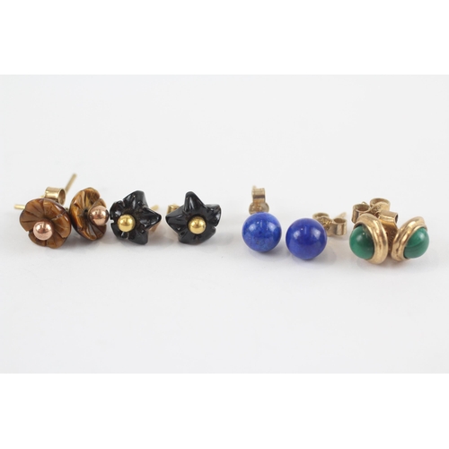 26 - 4 X 9ct Gold Onyx, Tigers Eye, Lapis And Malachite Set Earrings (4.6g)