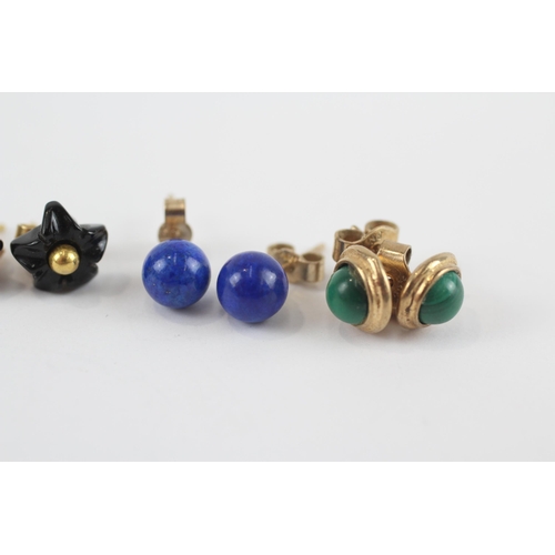 26 - 4 X 9ct Gold Onyx, Tigers Eye, Lapis And Malachite Set Earrings (4.6g)