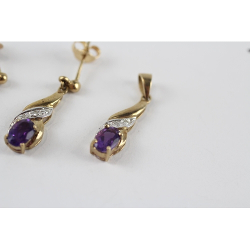 266 - 9ct gold diamond & amethyst pendant & drop earrings set (2.3g)