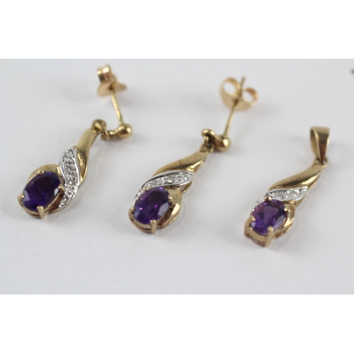 266 - 9ct gold diamond & amethyst pendant & drop earrings set (2.3g)