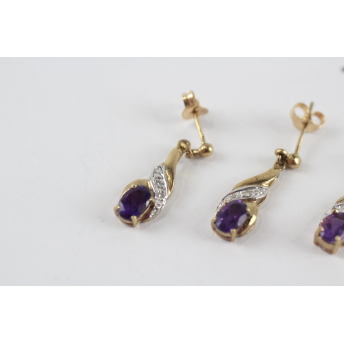 266 - 9ct gold diamond & amethyst pendant & drop earrings set (2.3g)