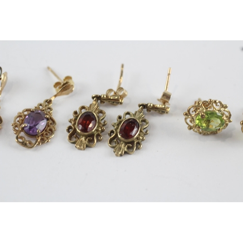 275 - 3 x 9ct gold amethyst, garnet & peridot stud earrings (6.8g)