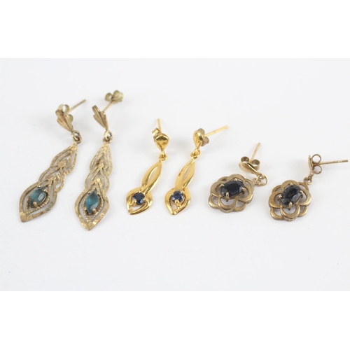33 - 3 X 9ct Gold Sapphire & Topaz Drop Earrings (4.1g)