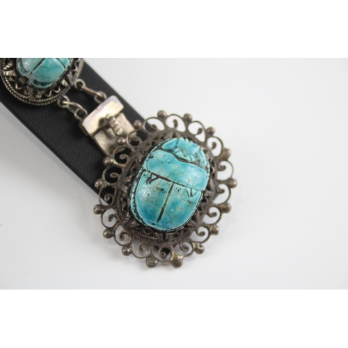 337 - Silver carved scarab beetle Egyptian brooch and bracelet (58g)