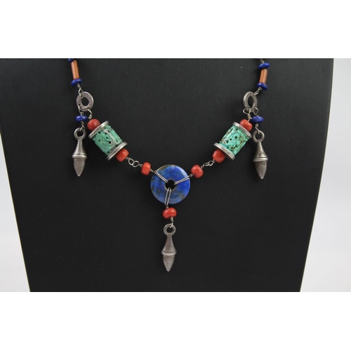 338 - Silver Oriental necklace with gemstones (42g)