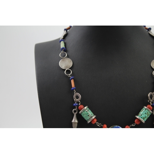 338 - Silver Oriental necklace with gemstones (42g)