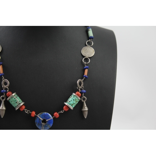 338 - Silver Oriental necklace with gemstones (42g)