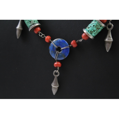 338 - Silver Oriental necklace with gemstones (42g)