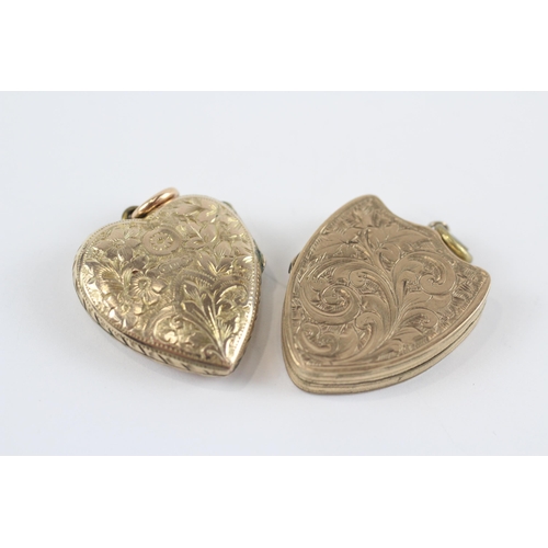 39 - 2 X 9ct Gold Back & Front Antique Heart & Shield Locket Pendants (9.6g)