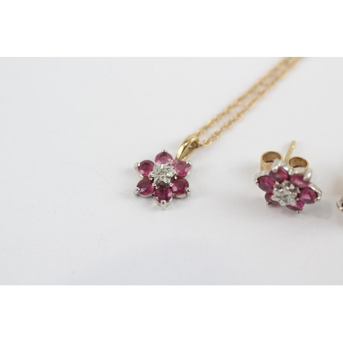 4 - 9ct Gold Diamond & Ruby Floral Cluster Pendant Necklace & Stud Earrings Set (2.8g)