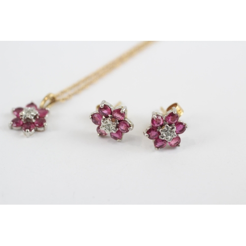 4 - 9ct Gold Diamond & Ruby Floral Cluster Pendant Necklace & Stud Earrings Set (2.8g)