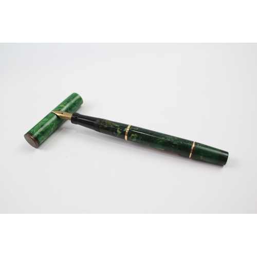 487 - Vintage MABIE TODD Swan Self Filler Green FOUNTAIN PEN w/ 14ct Gold Nib WRITING