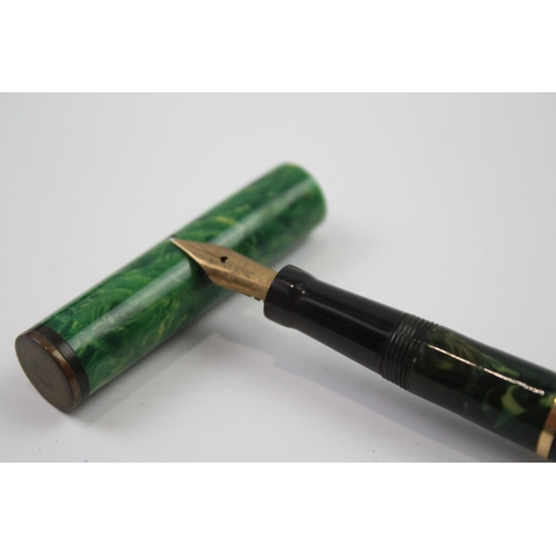 487 - Vintage MABIE TODD Swan Self Filler Green FOUNTAIN PEN w/ 14ct Gold Nib WRITING