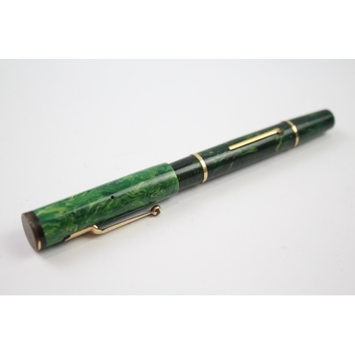 487 - Vintage MABIE TODD Swan Self Filler Green FOUNTAIN PEN w/ 14ct Gold Nib WRITING