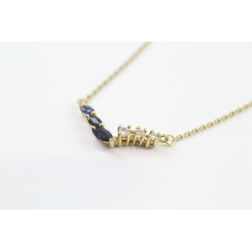51 - 9ct Gold Vintage Cubic Zirconia & Sapphire Wishbone Necklace (2.2g)