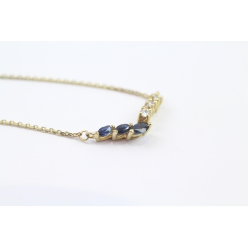 51 - 9ct Gold Vintage Cubic Zirconia & Sapphire Wishbone Necklace (2.2g)